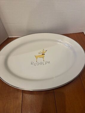 VTG Pottery Barn Reindeer Rudolph Large Serving Oval Platter 17" Japan retired